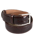 Leather belt with silver buckle, brown croc