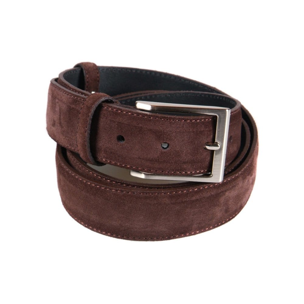 Leather belt with silver buckle, brown suede
