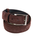 Leather belt with silver buckle, brown suede