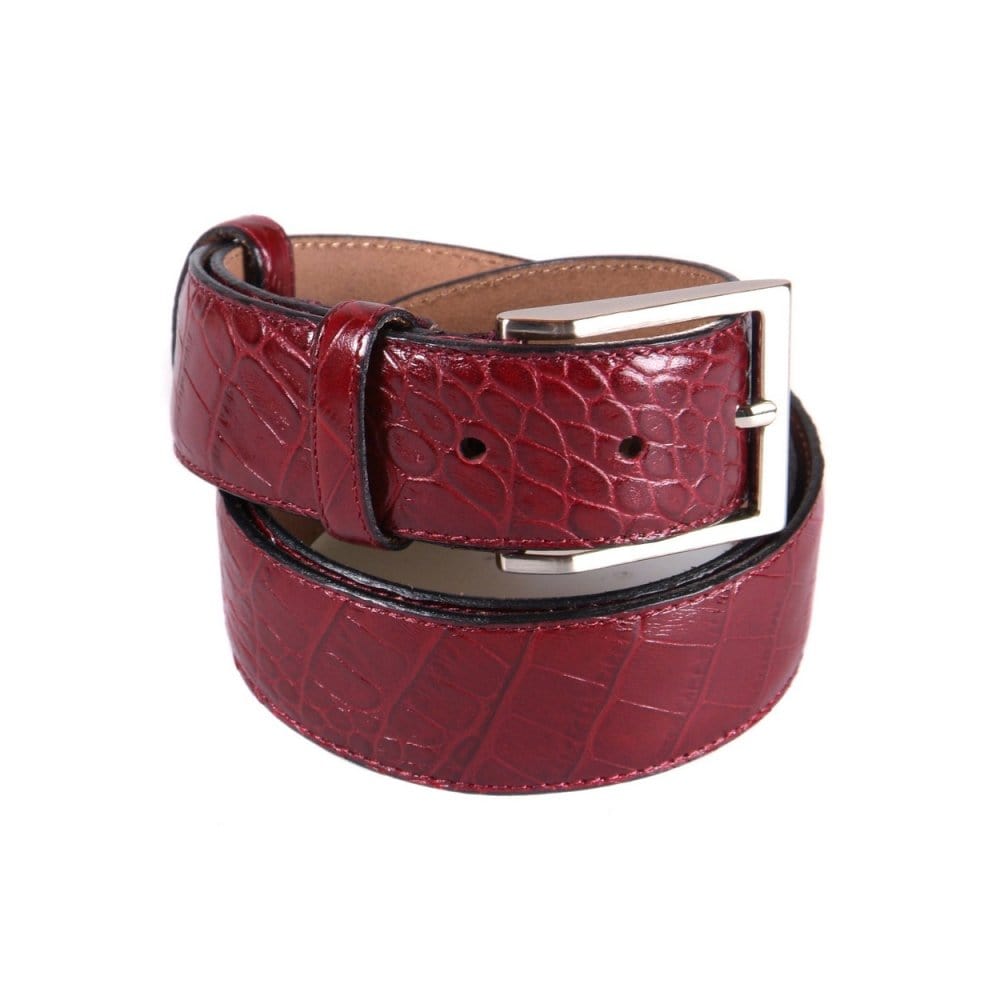 Leather belt with silver buckle, burgundy croc