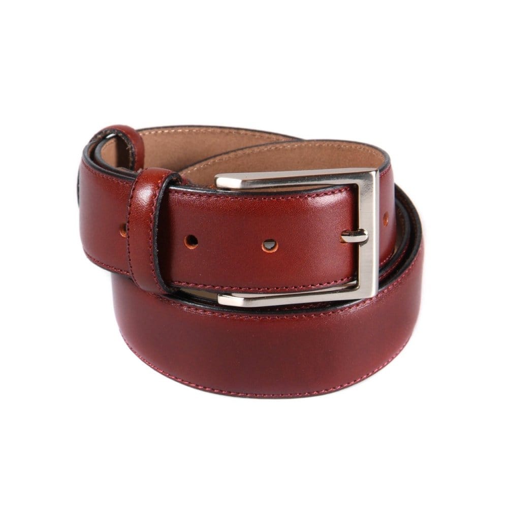 Leather belt with silver buckle, dark tan