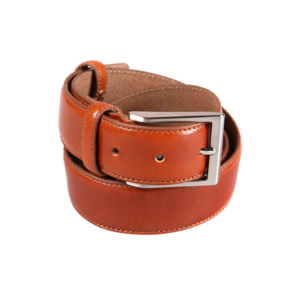 Leather belt with silver buckle, havana tan