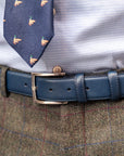 Leather belt with silver buckle, navy, lifestyle