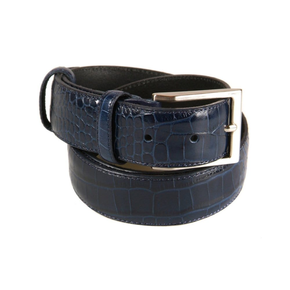 Leather belt with silver buckle, navy croc