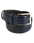 Leather belt with silver buckle, navy croc