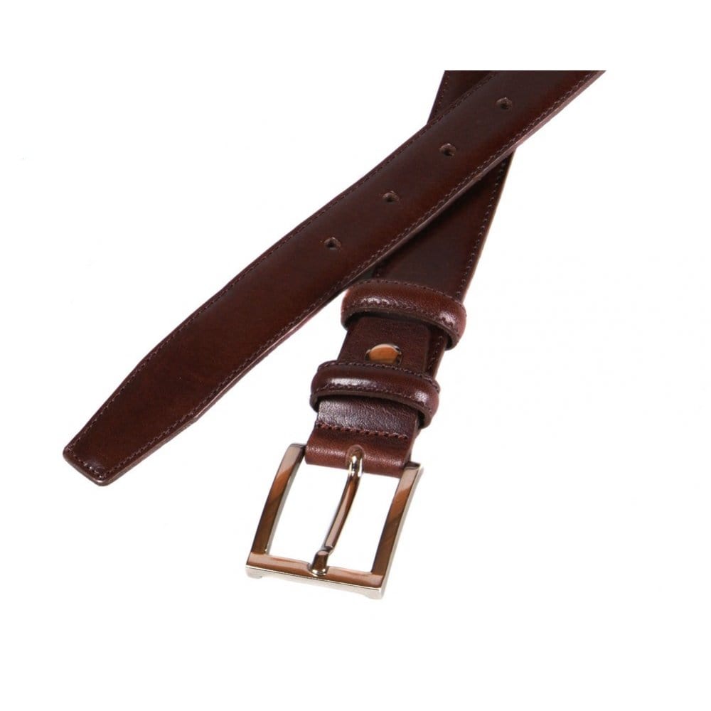 Men's leather skinny belt, brown, chisel tip