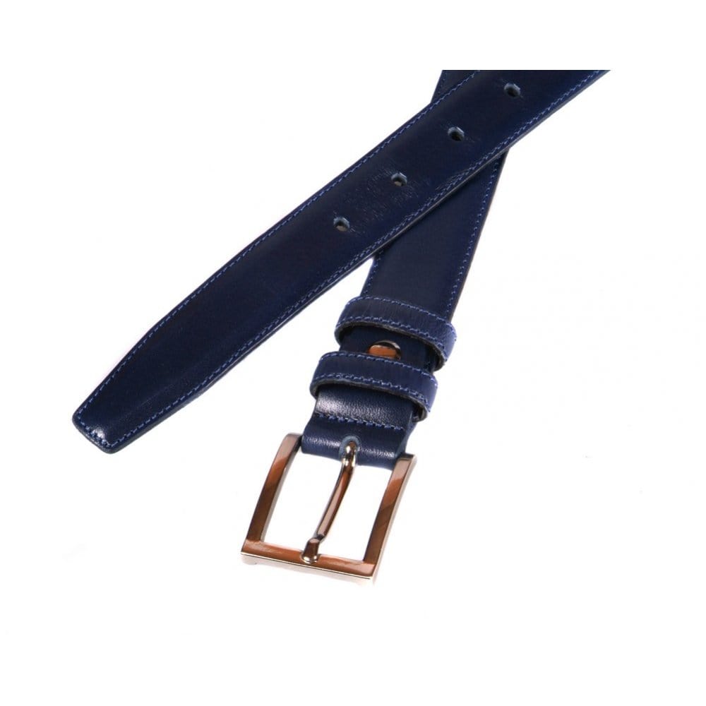 Men's leather skinny belt, navy, chisel tip