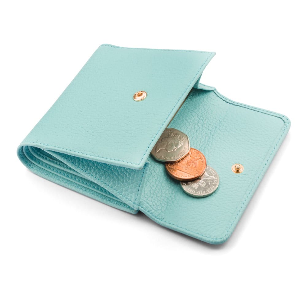 Women&#39;s leather purse with 6 cards and coins, light blue, open view