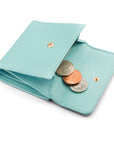 Women's leather purse with 6 cards and coins, light blue, open view