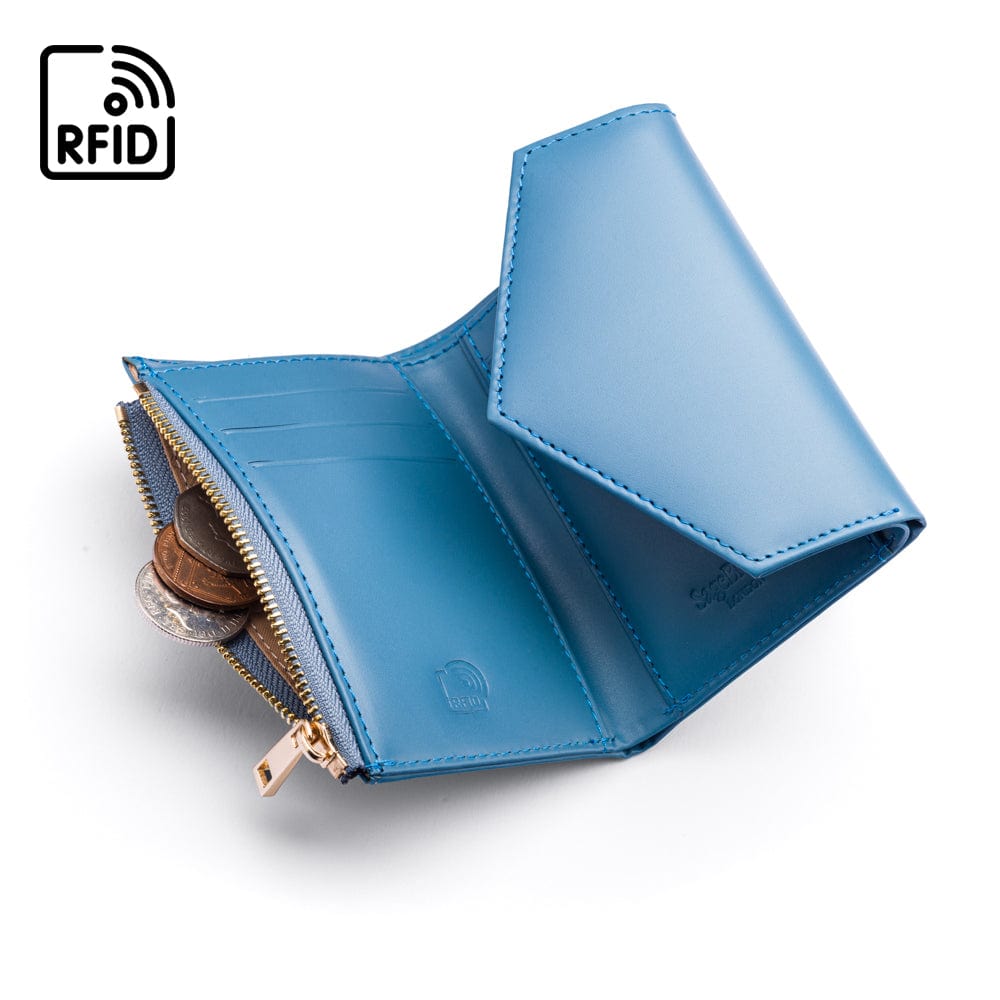 RFID blocking leather envelope purse, blue, open view