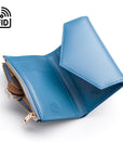 RFID blocking leather envelope purse, blue, open view