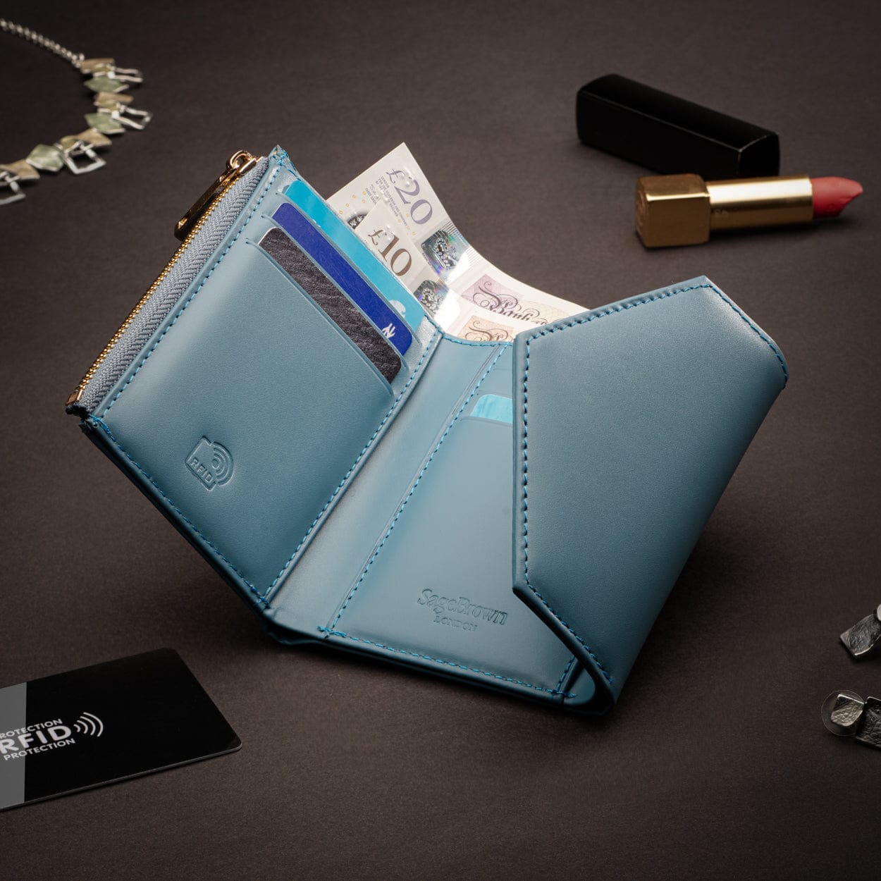 RFID blocking leather envelope purse, light blue, lifestyle