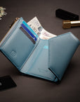 RFID blocking leather envelope purse, light blue, lifestyle