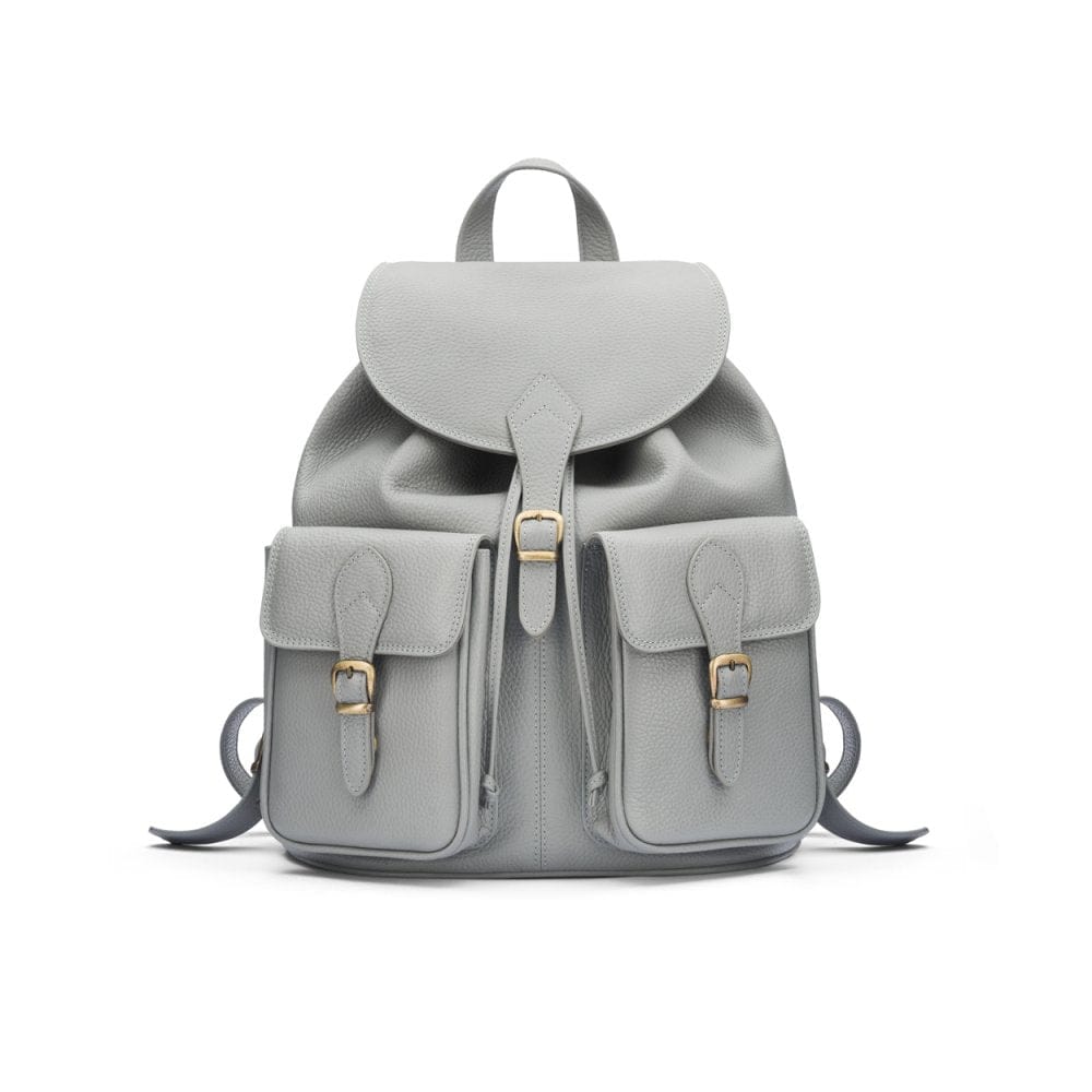 Leather backpack with pockets, grey, front