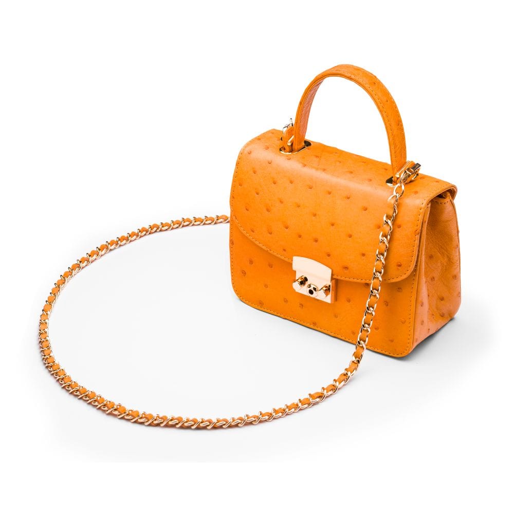 Ostrich leather Betty bag with top handle, orange ostrich, side