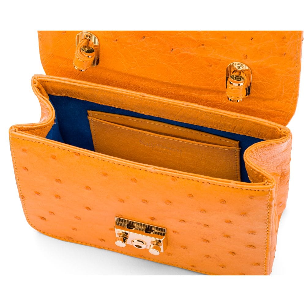 Ostrich leather Betty bag with top handle, orange ostrich, inside