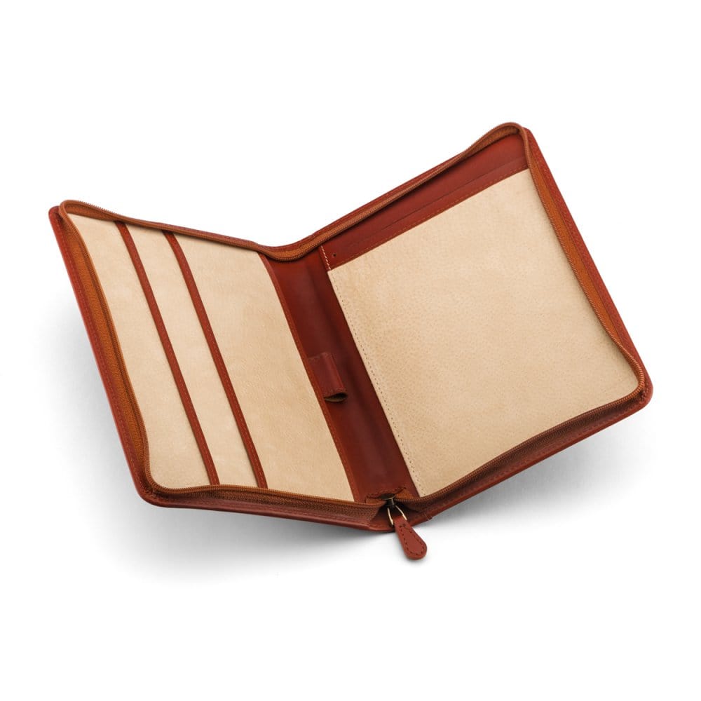 A5 zip around leather folder, light tan, inside