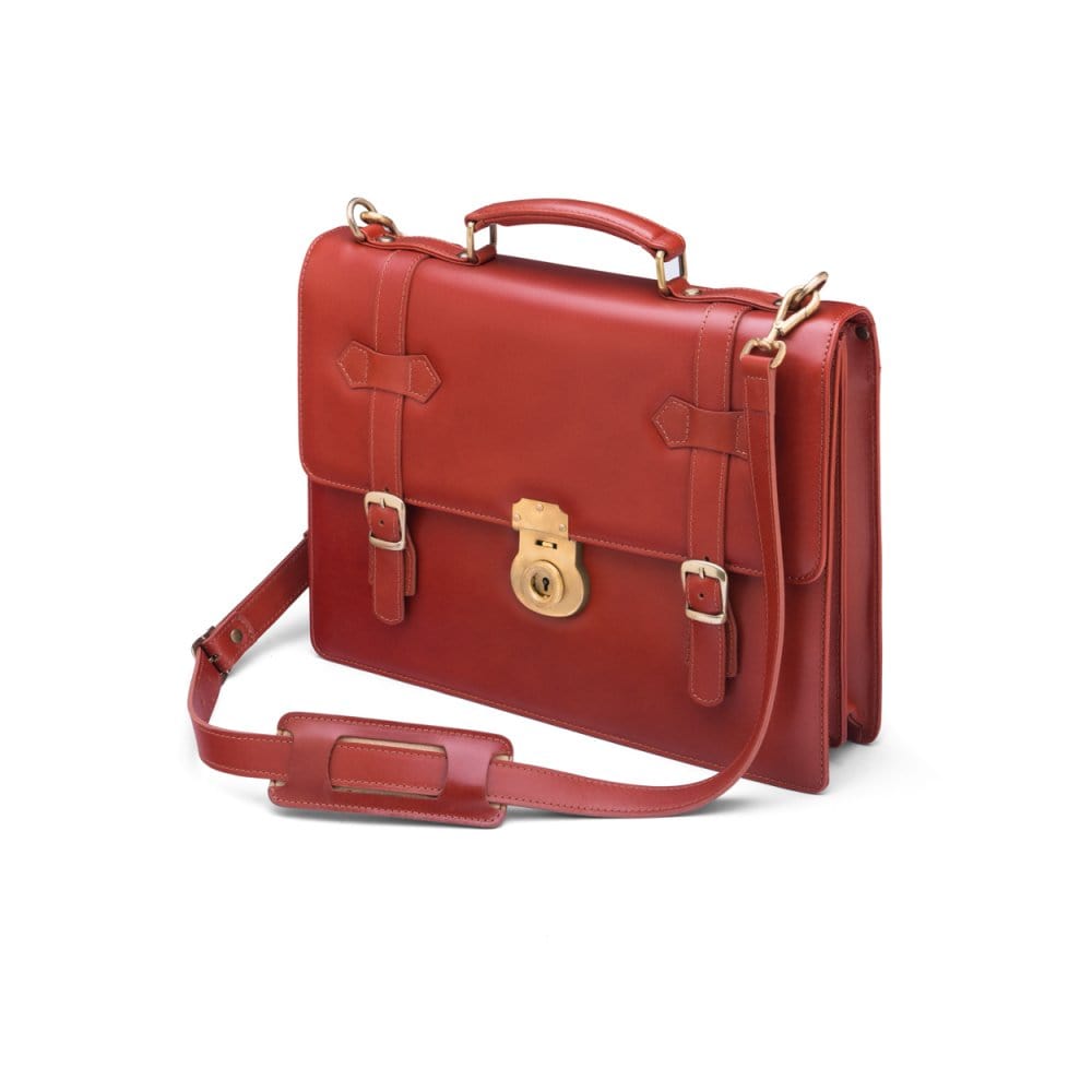 Leather Cambridge satchel briefcase with brass lock, light tan, side