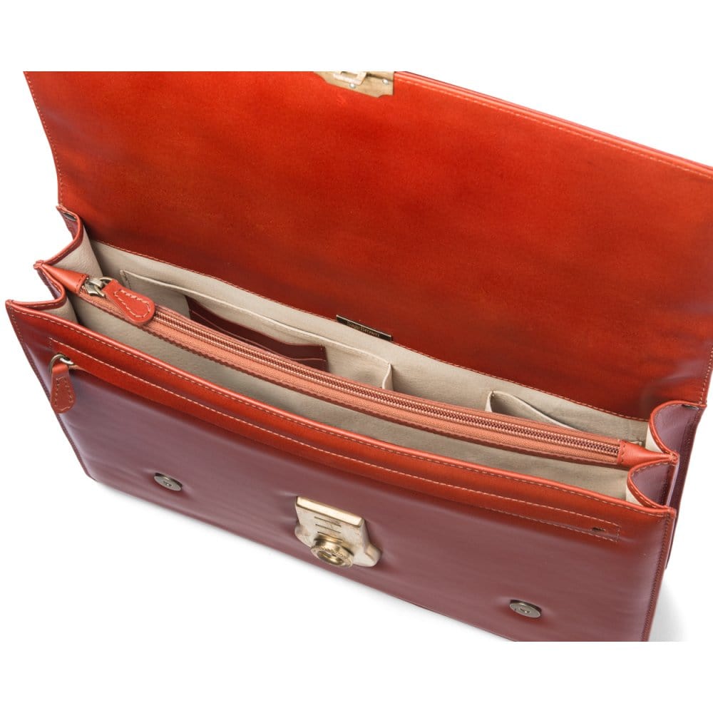 Leather Cambridge satchel briefcase with brass lock, light tan, inside