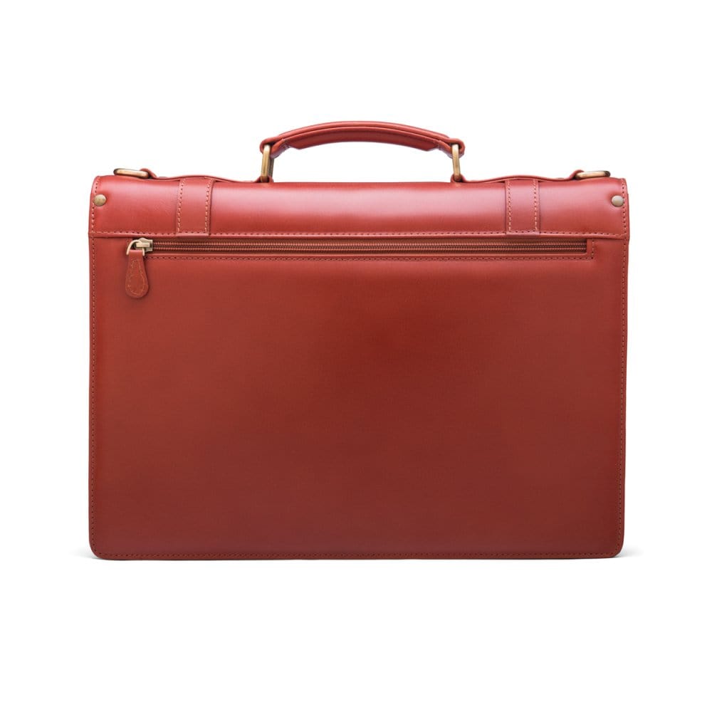 Leather Cambridge satchel briefcase with brass lock, light tan, back