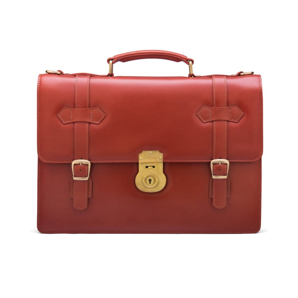 Leather Cambridge satchel briefcase with brass lock, light tan, front