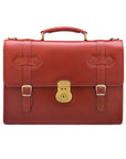 Leather Cambridge satchel briefcase with brass lock, light tan, front