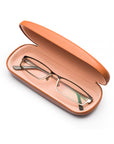 Hard rounded leather glasses case, light tan, open