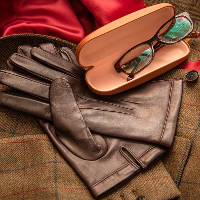 Hard rounded leather glasses case, light tan, lifestyle