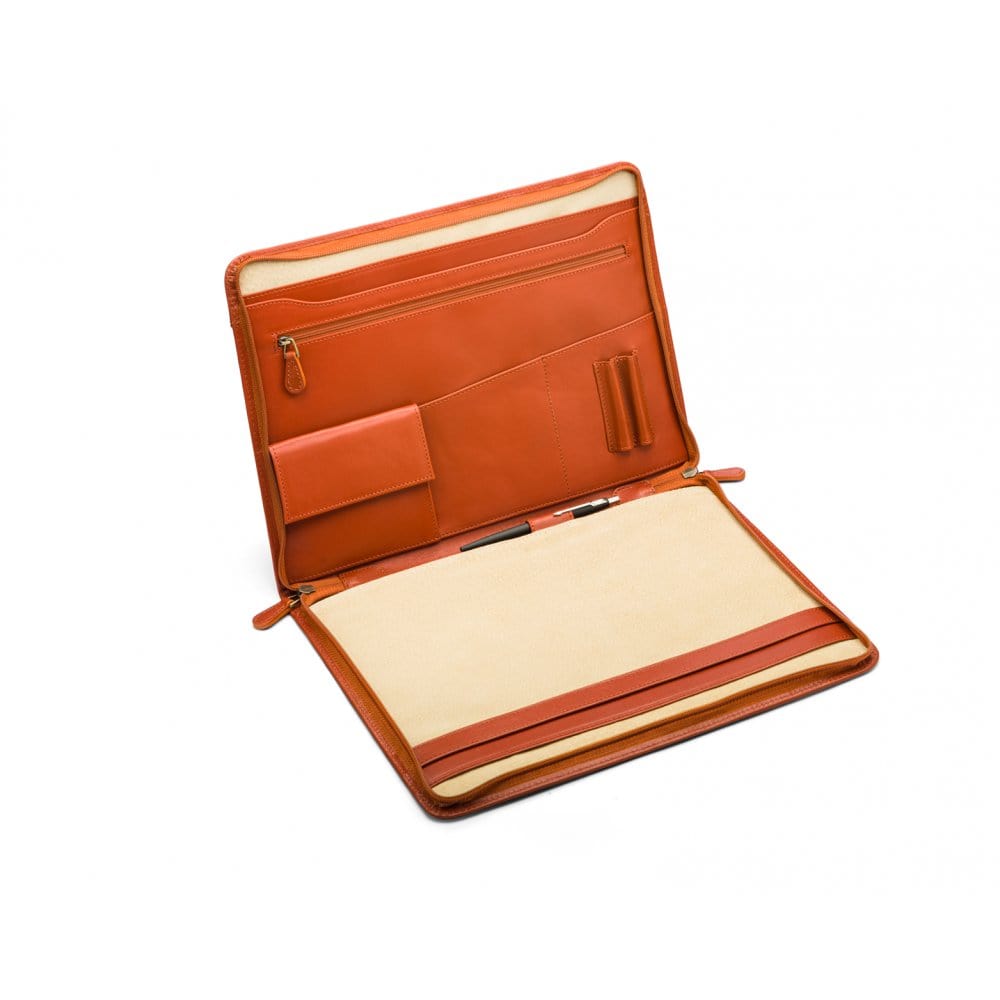 Leather A4 zip around document folder, light tan, inside