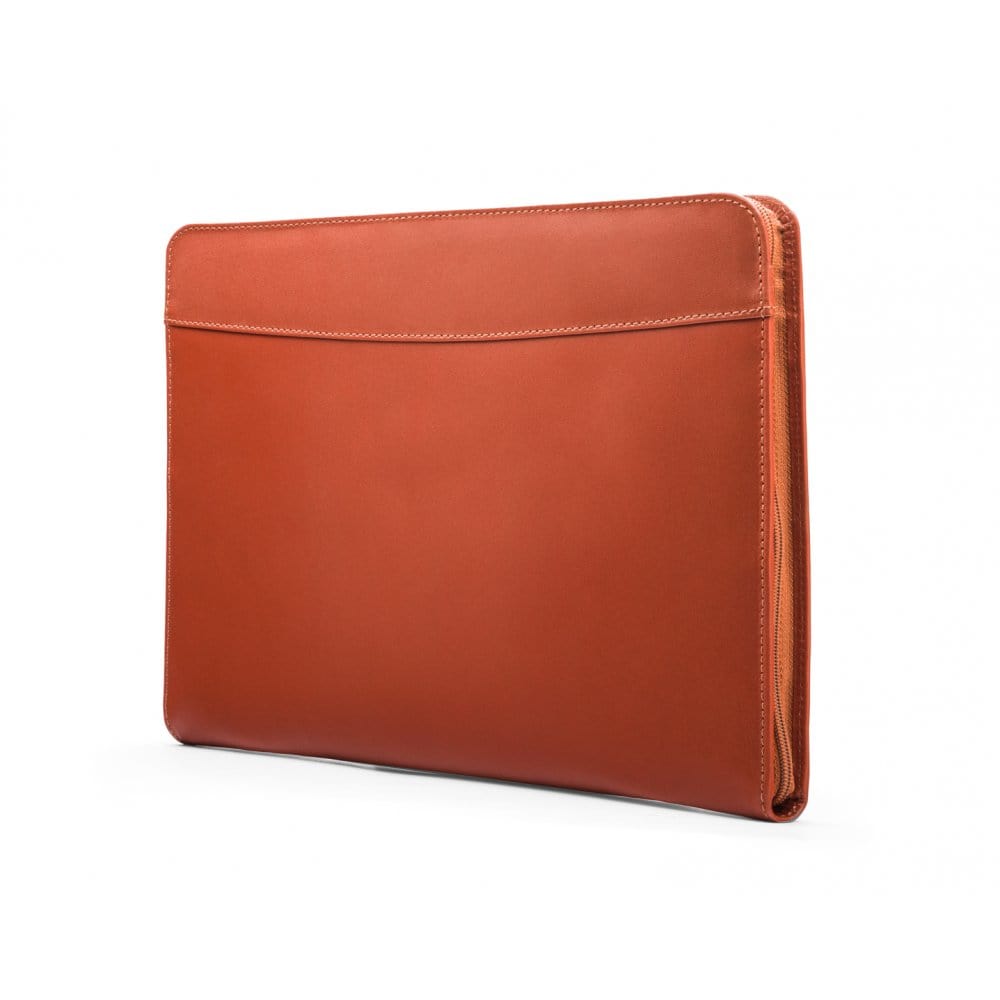 Leather A4 zip around document folder, light tan, side