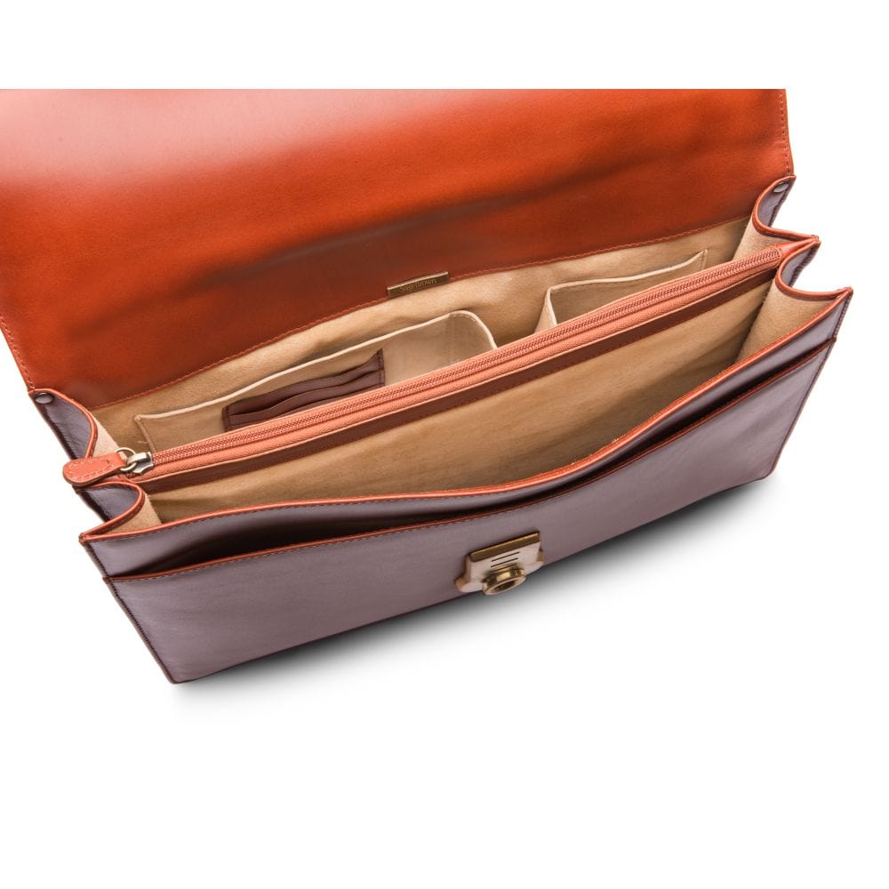 Leather briefcase with brass lock, Harvard, light tan, inside