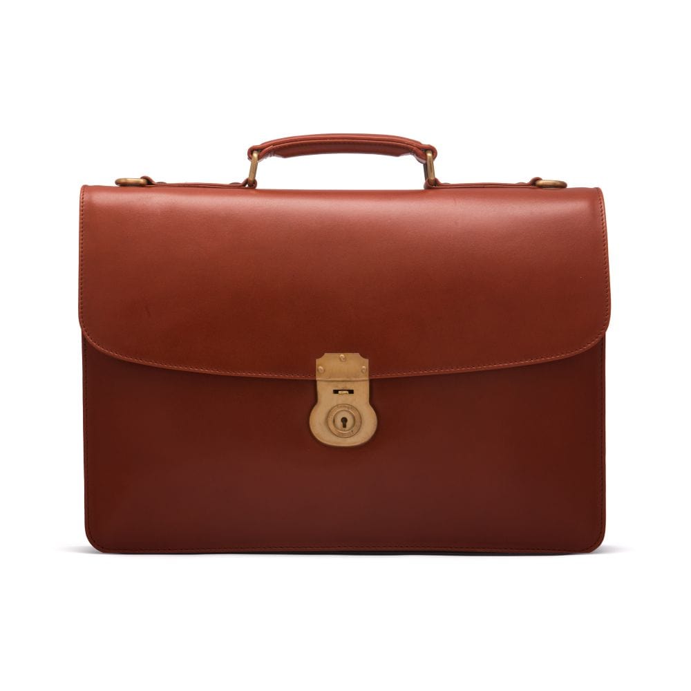 Leather briefcase with brass lock, Harvard, light tan, front