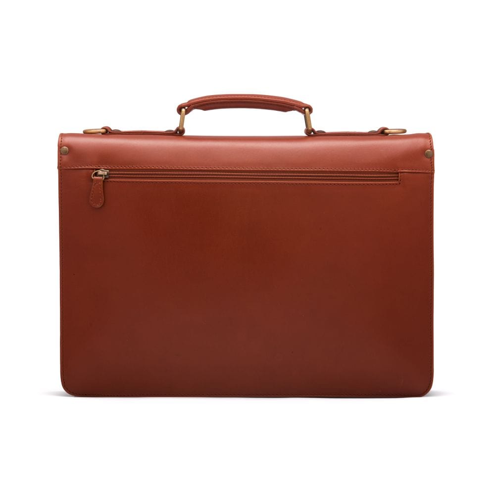 Leather briefcase with brass lock, Harvard, light tan, back