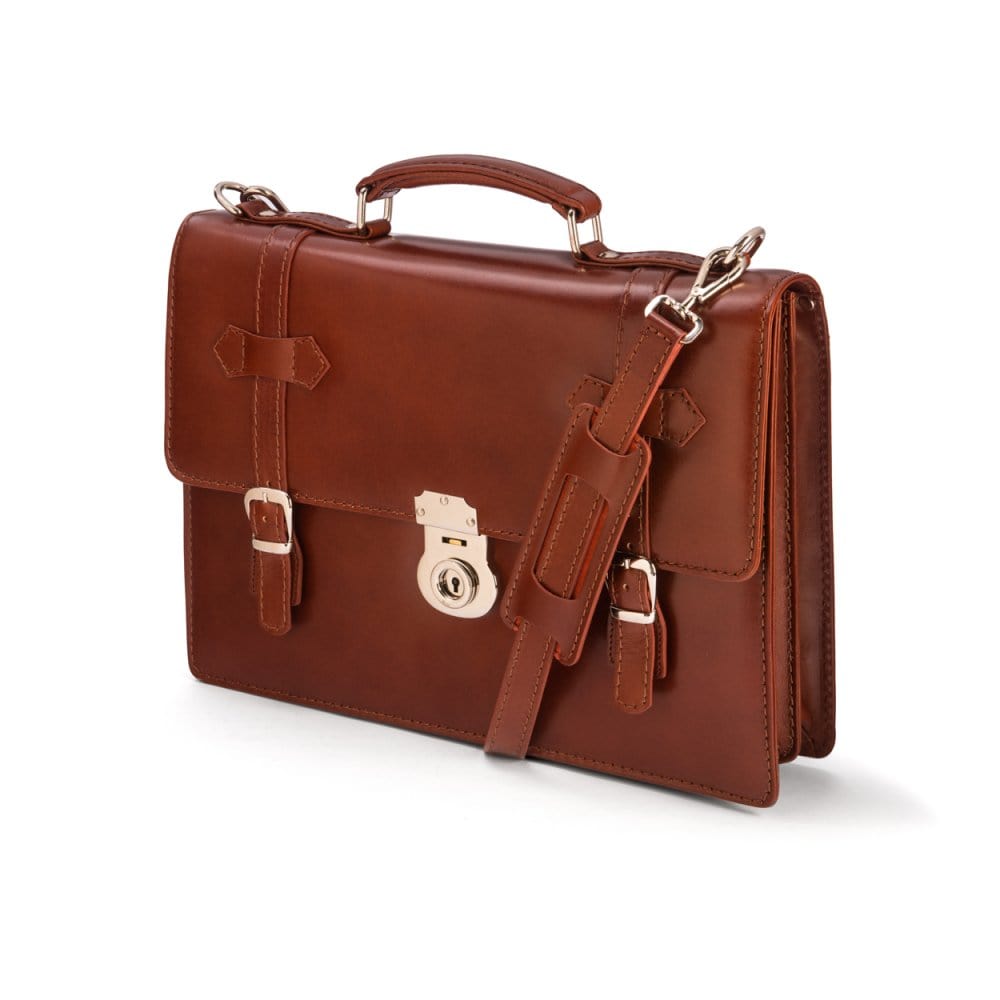Leather Cambridge satchel briefcase with silver brass lock, light tan, side