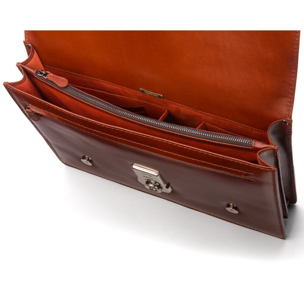 Leather Cambridge satchel briefcase with silver brass lock, light tan, inside