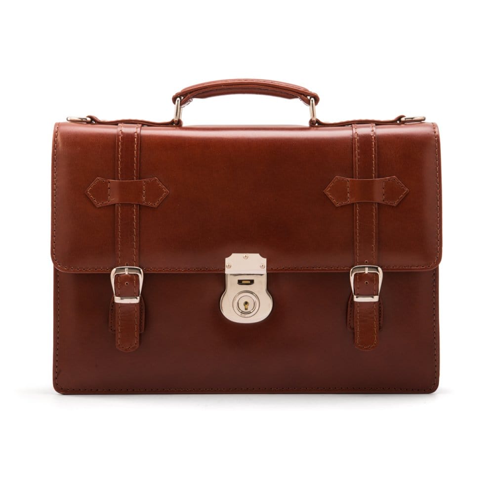 Leather Cambridge satchel briefcase with silver brass lock, light tan, front