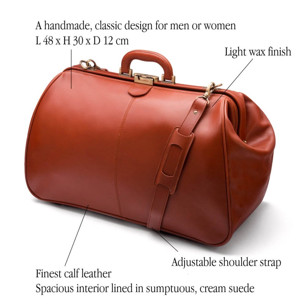 Leather Gladstone holdall, light tan, features