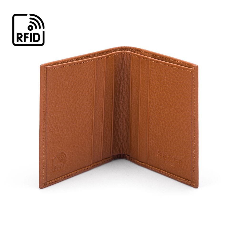 RFID leather wallet with 4 CC, light tan, open