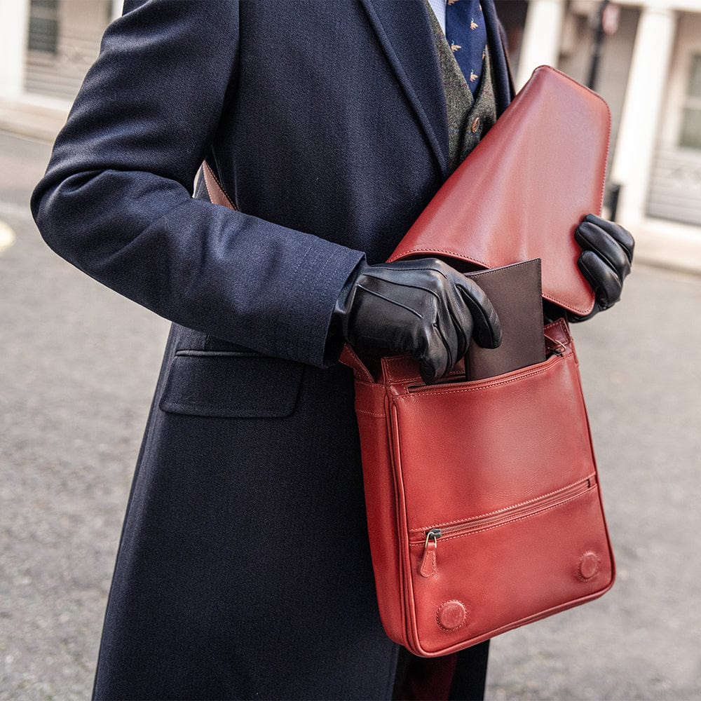 Small leather messenger bag, light tan, lifestyle