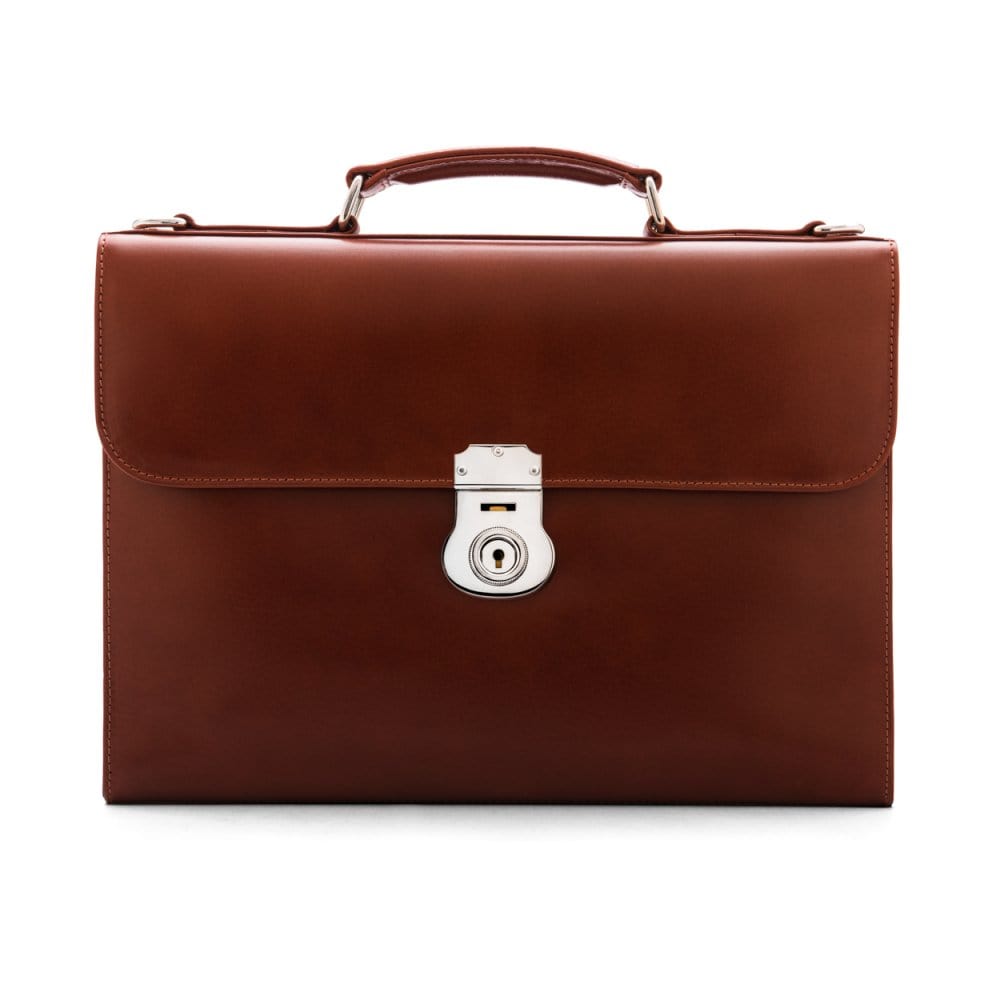 Light Tan Vintage Leather Wall Street Briefcase With Silver Brass Lock