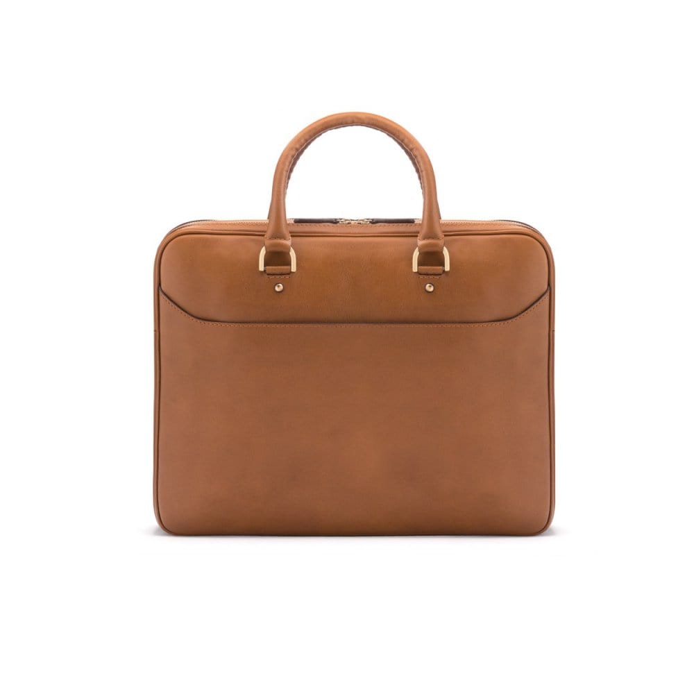 Leather 15&quot; laptop briefcase, light tan, front