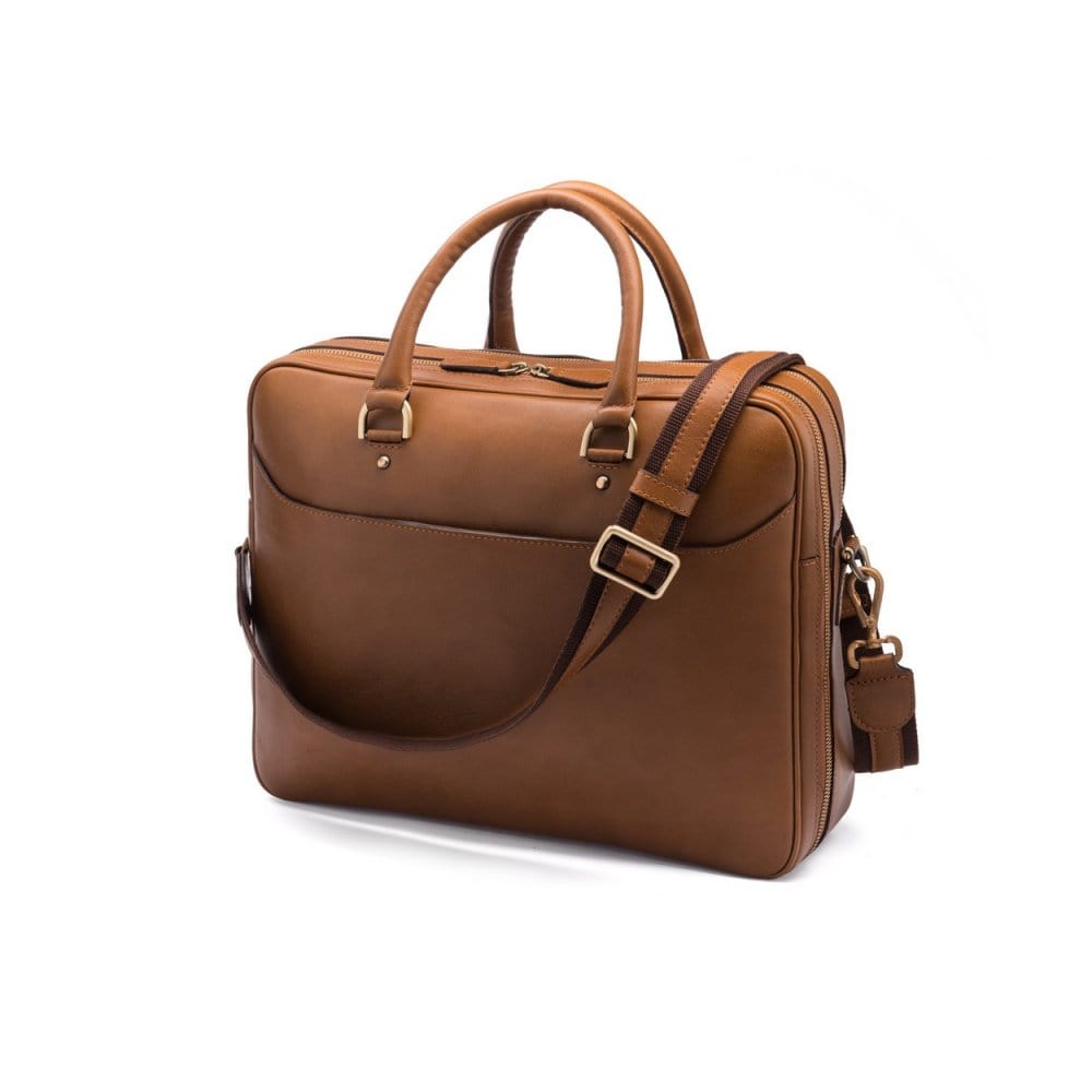 Leather 15" laptop briefcase, light tan, with shoulder strap