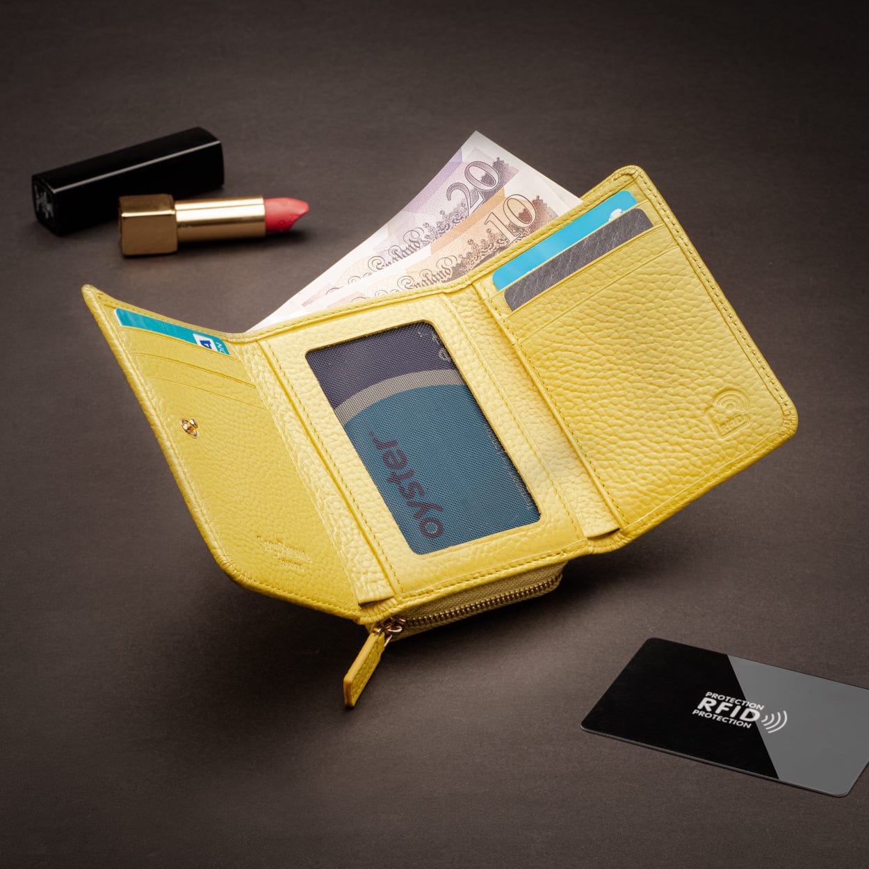 RFID blocking leather tri-fold purse, light yellow, lifestyle