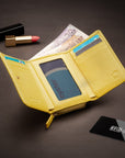 RFID blocking leather tri-fold purse, light yellow, lifestyle