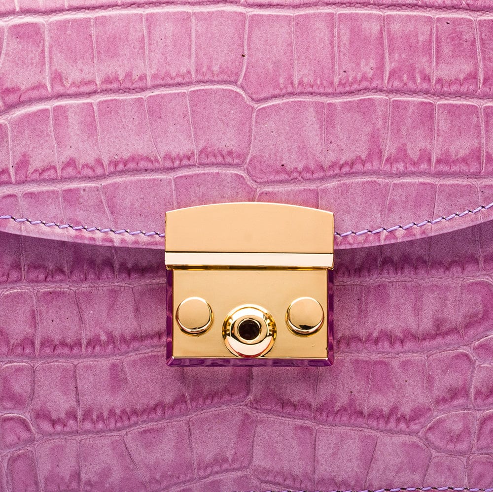 Mini top handle Betty bag, lilac croc, lock close up