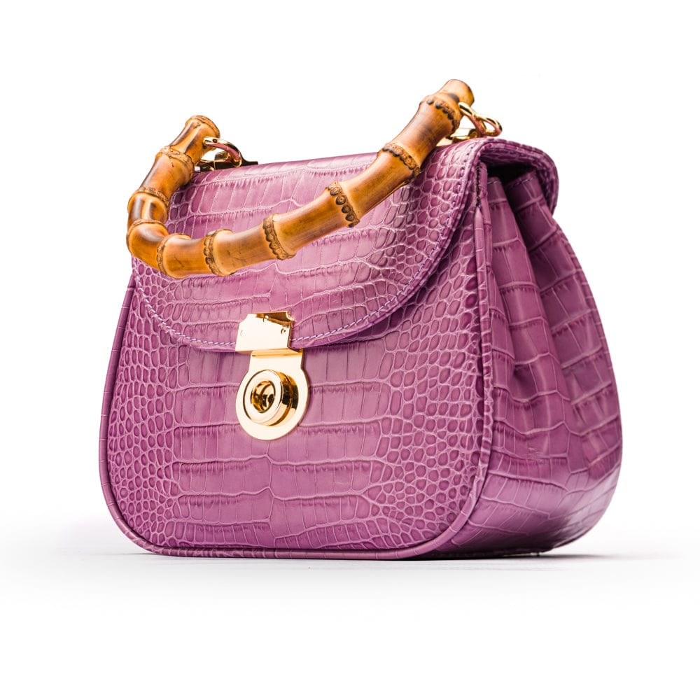 Bamboo handle bag, lilac croc, side view