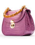 Bamboo handle bag, lilac croc, side view