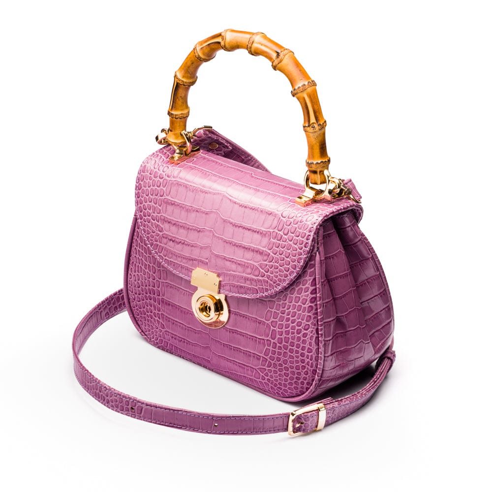 Bamboo handle bag, lilac croc, with long shoulder strap