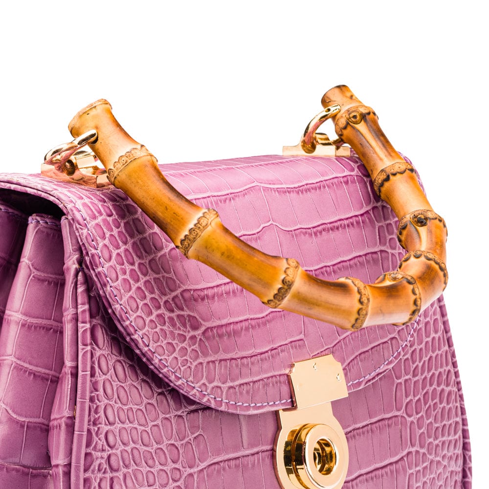Bamboo handle bag, lilac croc, bamboo handle close up