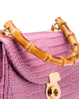 Bamboo handle bag, lilac croc, bamboo handle close up